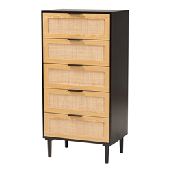 Baxton Studio Maureen Mid-Century Modern Espresso Brown Wood and Rattan 5-Drawer Storage Cabinet